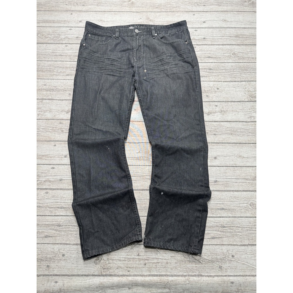 Y2K Distressed Jeans Men's 38x32 Black Charcoal Wash Denim Straight Relaxed Fit